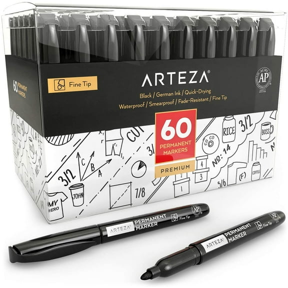 Arteza Waterproof Permanent Marker Set, Black, Fine Tip - 60 Pack
