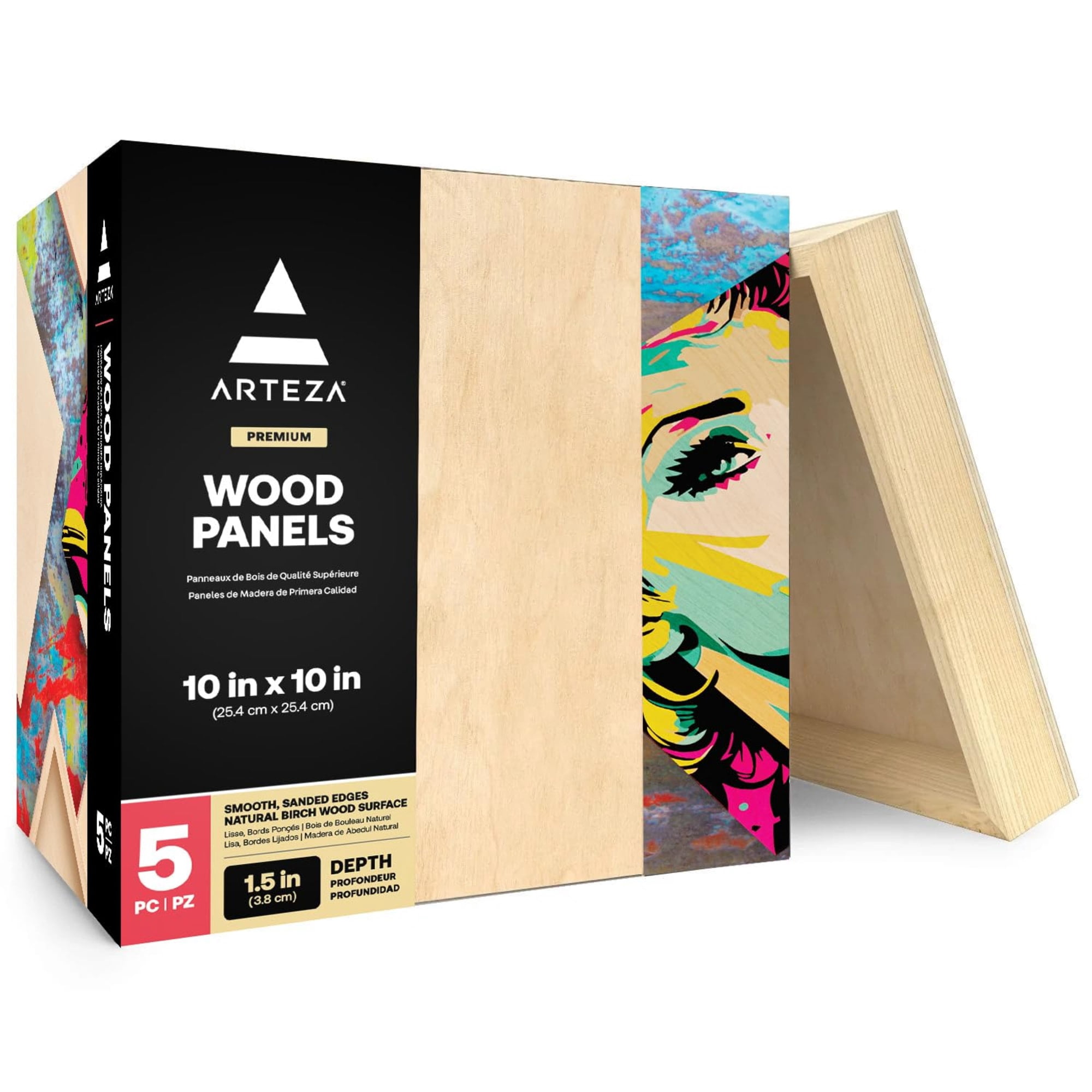 Arteza 10" x 10" Birch Wood Art Board, 1.5" Depth, Set of 5, Natural