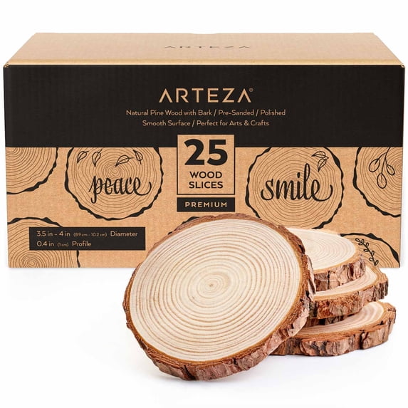 Arteza Natural Pine Wood with Bark Slices, Set of 25