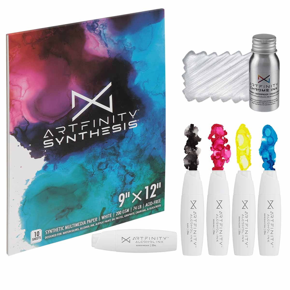 Artfinity Alcohol Ink - CMYK Set, 7 Pieces | 10 Sheets 9x12" Multimedia Paper | Fast-Drying, Permanent, Transparent Alcohol Inks for Gloss Paper, Glass, Metal | 25 ml  Bottles
