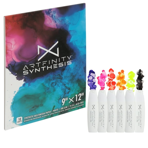 Artfinity Alcohol Ink - Fluorescent Set, 7 Pieces | 10 Sheets 9x12" Multimedia Paper | Fast-Drying, Permanent, Transparent Alcohol Inks for Gloss Paper, Glass, Metal | 25 ml Bottles