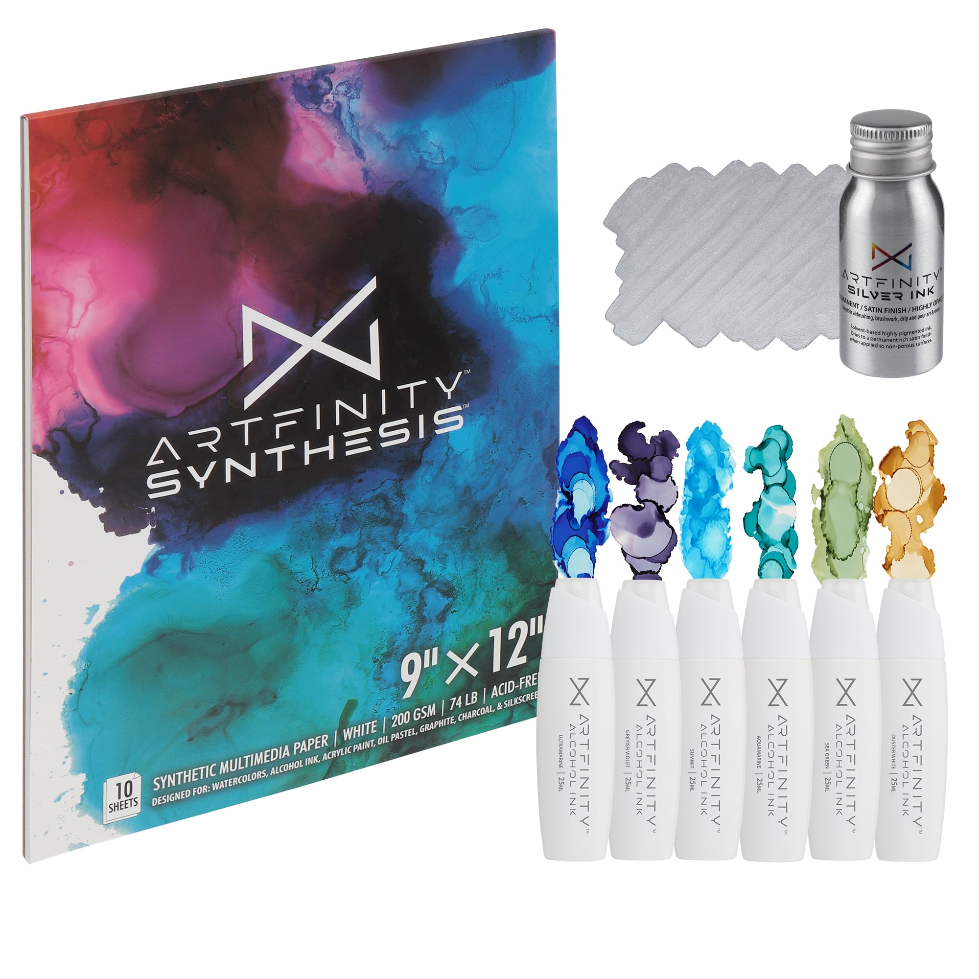 Artfinity Alcohol Ink - Sea Set, 8 Pieces | 10 Sheets 9x12" Multimedia Paper | Fast-Drying, Permanent, Transparent Alcohol Inks for Gloss Paper, Glass, Metal | 25 ml  Bottles