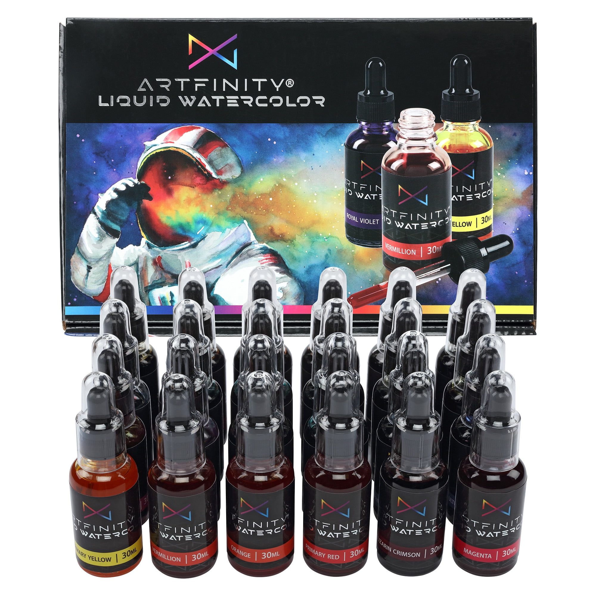 Artfinity Liquid Watercolor Paint 30 ml Bottles, Set of 24 Colors - Vibrant Dye-Based Liquid Watercolor w/ Glass Pipette, Fast-Drying, Fine Art Paint for Calligraphy, Airbrushing & Traditional Art