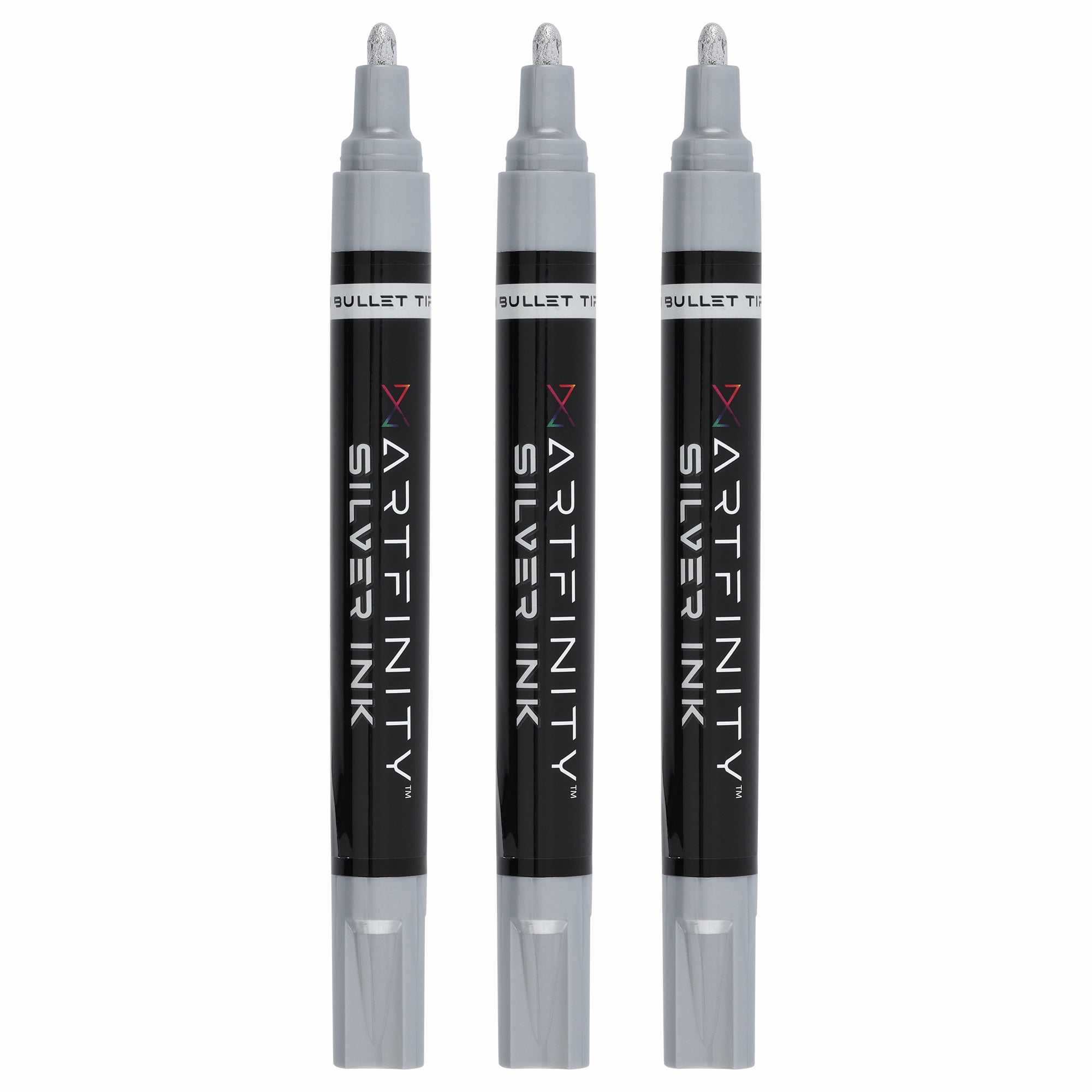 Artfinity Rich Metallic Markers - Professional Metallic Markers for Artists, Drawing, CAlligraphy, & More! - [Silver - 3mm Bullet Nib - 3 Pack]