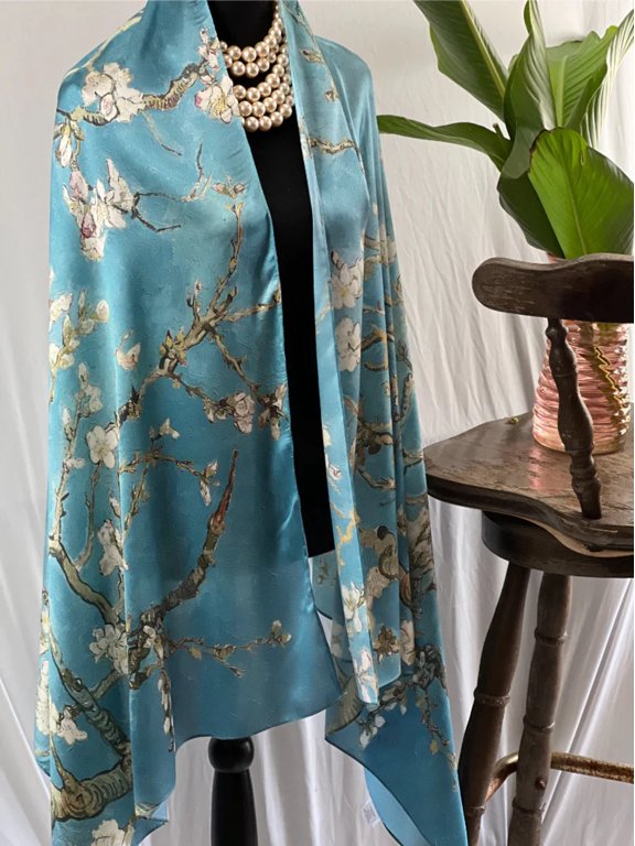 Artful Almond Blossom Van Gogh Thin Scarf Silky Feel Light Weight, artsy graphic inspired Van Gogh, lightweight Shawl Wrap