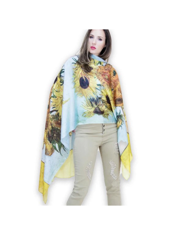 Artful SUNFLOWER Van Gogh Thin Scarf Silky Feel Light Weight Artsy graphic inspired Van Gogh Lightweight Shawl Wrap