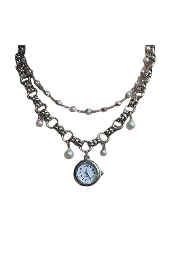 Artful Swinging Tassels Imitation Pearls Necklace With Watch Pendant Alloy Materials Evening Party Accessory Jewelry