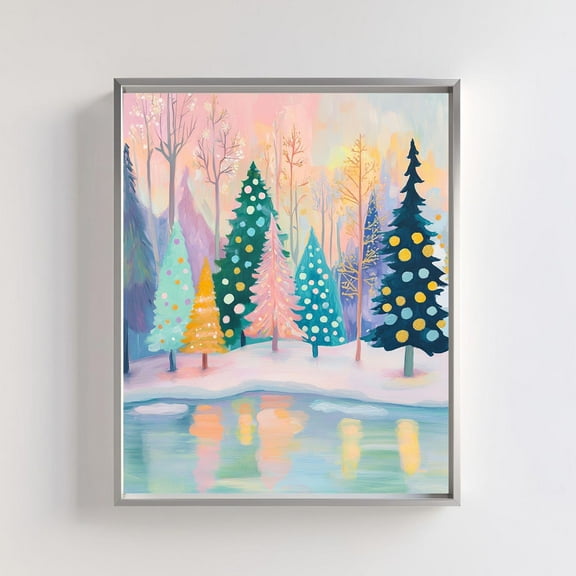 Artful Tree Art Print, Colorful Winter Wonderland Forest With Festive Holiday Lights, Whimsical Decor, Poster Wall Art, Modern Wall Decor, 8x12 UNFRAMED