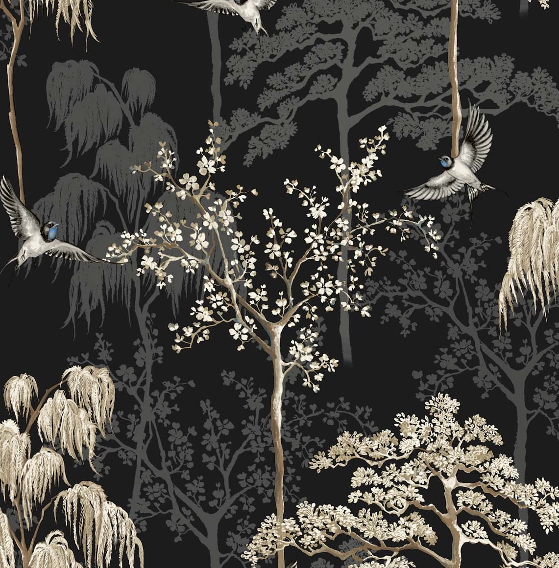 Black and Beige Vinyl Peel and Stick Bird Garden Wallpaper