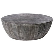 36" Handcrafted Mango Wood Coffee Table Round Drum Shape Sandblasted Black