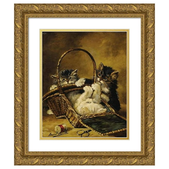 Arthur-Alfred Brunel de Neuville 12x14 Gold Ornate Wood Frame and Double Matted Museum Art Print Titled - Three Kittens Playing in a Sewing Basket
