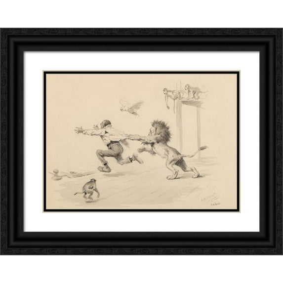 Arthur Burdett Frost 14x11 Black Ornate Wood Framed Double Matted Museum Art Print Titled: Lion Attack