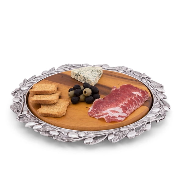 Arthur Court Sand-Cast Aluminum Pizza or Cheese Server with Wood Board; Olive Pattern Metal Holder