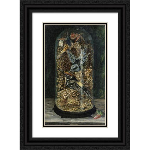 Arthur H. Davis 16x24 Black Ornate Framed Double Matted Museum Art Print Titled: Stuffed Birds in a Dome (1867)