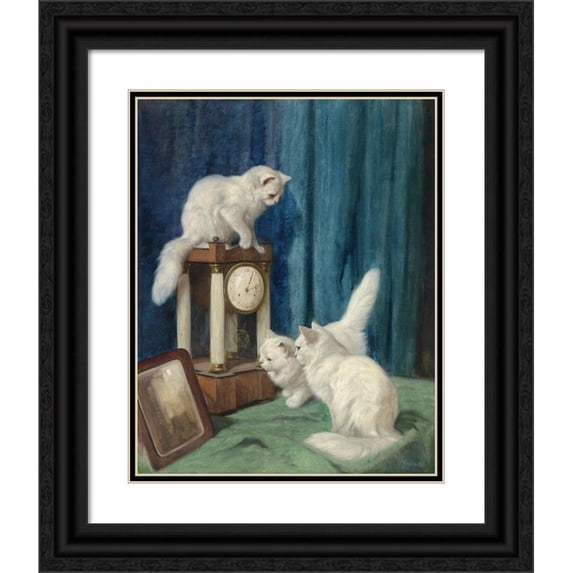 Arthur Heyer 12x14 Black Ornate Wood Framed Double Matted Museum Art Print Titled: Three Curious Cats