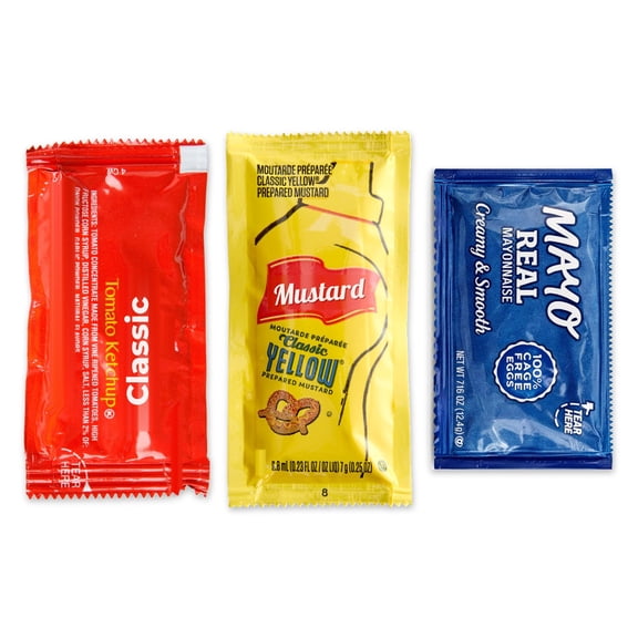 Arthur Nicolas Condiment Packets Variety Pack, 60 Count, Mustard, Ketchup & Mayonnaise, Single Serve Packets