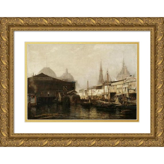Arthur Quartley 14x11 Gold Ornate Wood Frame and Double Matted Museum Art Print Titled - North River Pierhead (1877)