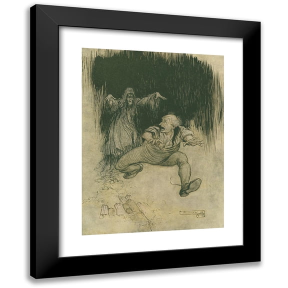 Arthur Rackham 11x14 Black Modern Framed Museum Art Print Titled - The Moment Her Shadowy Form Met His View HeMade One Grasshopper Spring to the Door-And was Gone! (1911)