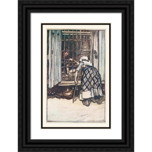Arthur Rackham 17x24 Black Ornate Framed Double Matted Museum Art Print Titled: Hansel Put Out a Knuckle-Bone, and the Old Woman, Whose Eyes Were Dim, Could Not See, and Thought it