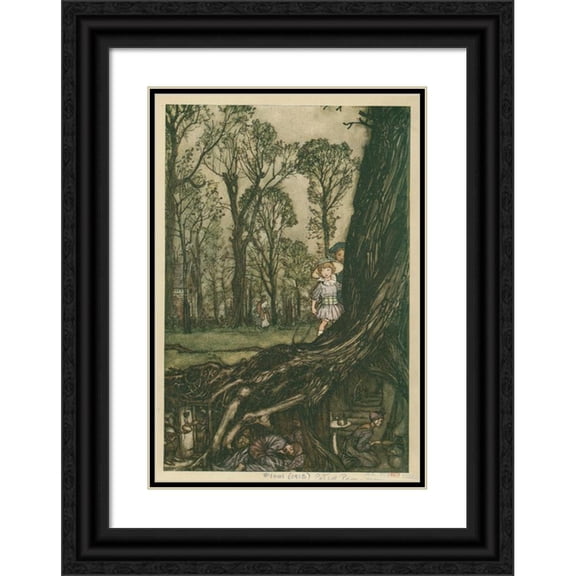 Arthur Rackham 18x24 Black Ornate Framed Double Matted Museum Art Print Titled: Fairies Are All More or Less in Hiding Until Dusk (1913)