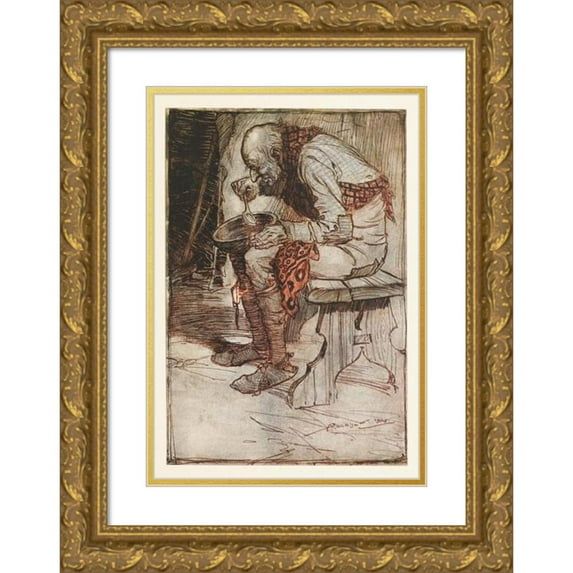 Arthur Rackham 18x24 Gold Ornate Framed and Double Matted Museum Art Print Titled - The Old Man Had to Sit by Himself, and Ate His Food from a Wooden Bowl (1920)