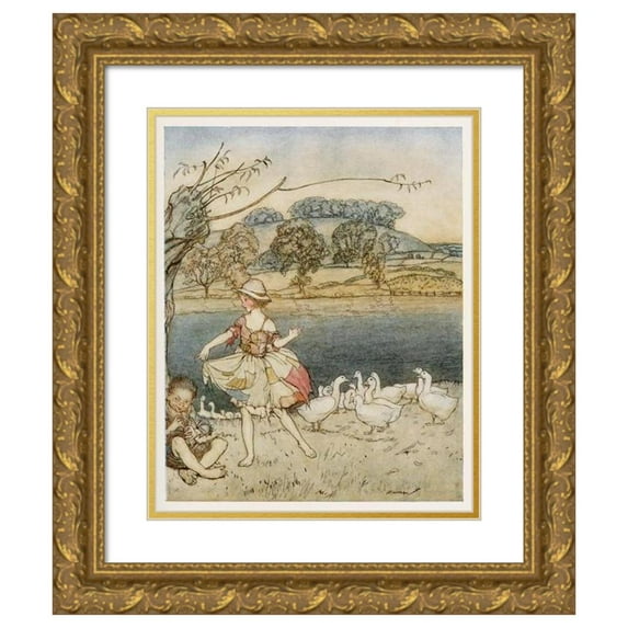Arthur Rackham 20x24 Gold Ornate Framed and Double Matted Museum Art Print Titled - Tattercoats Dancing While the Gooseherd Pipes (1927)