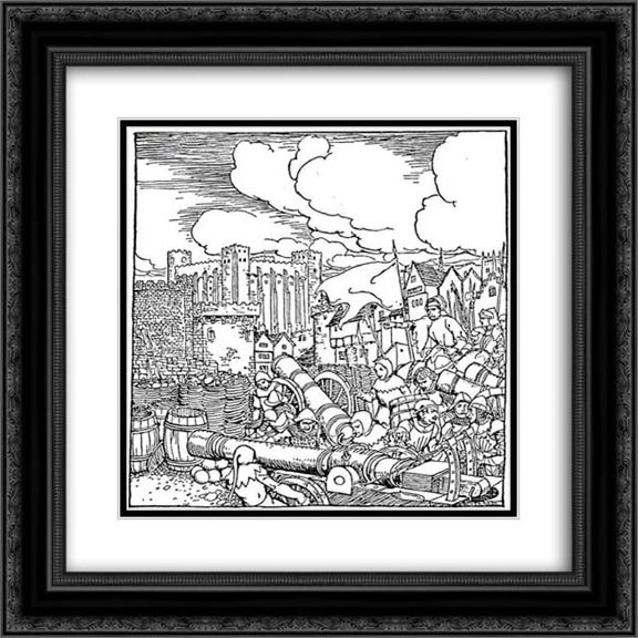 Arthur Rackham 2x Matted 20x20 Black Ornate Framed Art Print 'The king's troops lay siege to Lancelot's castle'