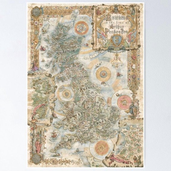 Arthurian Legend Pendragon Roleplaying Game Fantasy World Map Wall Art, Unframed Canvas