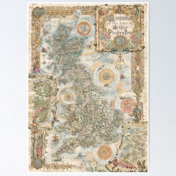 Arthurian Legend Pendragon Roleplaying Game Fantasy World Map Wall Art, Unframed Poster
