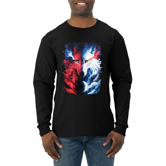 Artic Wolf Light Dark Good Bad Moon | Mens Animal Lover Long Sleeve T-Shirt, Black, Small