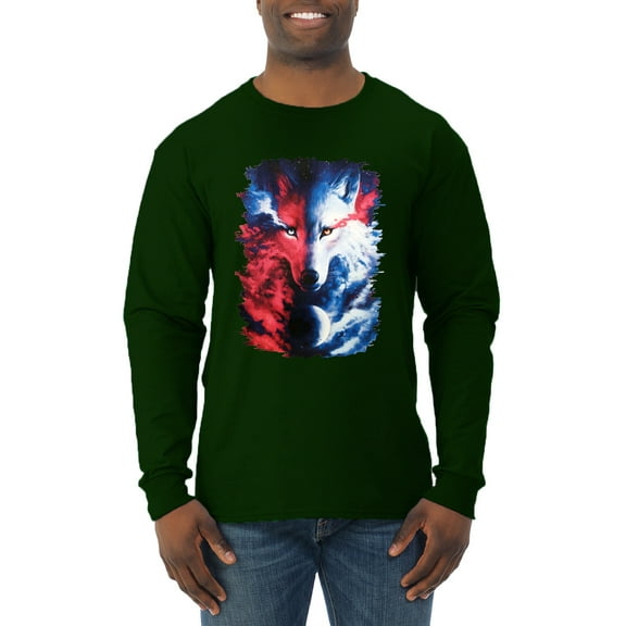 Artic Wolf Light Dark Good Bad Moon | Mens Animal Lover Long Sleeve T-Shirt, Forest Green, 3XL