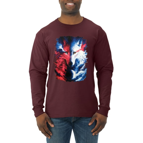 Artic Wolf Light Dark Good Bad Moon | Mens Animal Lover Long Sleeve T-Shirt, Maroon, Large