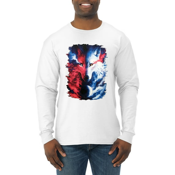 Artic Wolf Light Dark Good Bad Moon | Mens Animal Lover Long Sleeve T-Shirt, White, 2XL