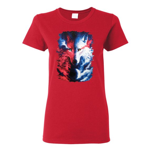 Artic Wolf Light Dark Good Bad Moon | Womens Animal Lover Graphic T-Shirt, Red, Small