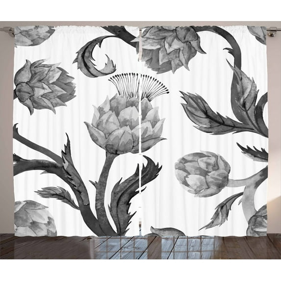 Ambesonne Artichoke Curtains 2 Panel Set, Stalks and Leaves Eat, 108" x 84", Black and White
