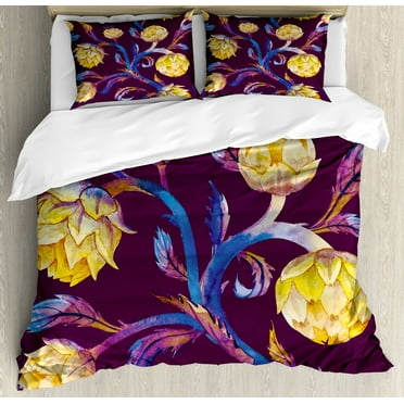 Artichoke Duvet Cover Set, Art Nouveau Style Arrangement with Vibrant Colored Vegetable Vegan, Decorative 3 Piece Bedding Set with 2 Pillow Shams, Calking Size, Dark Blue Yellow, by Ambesonne