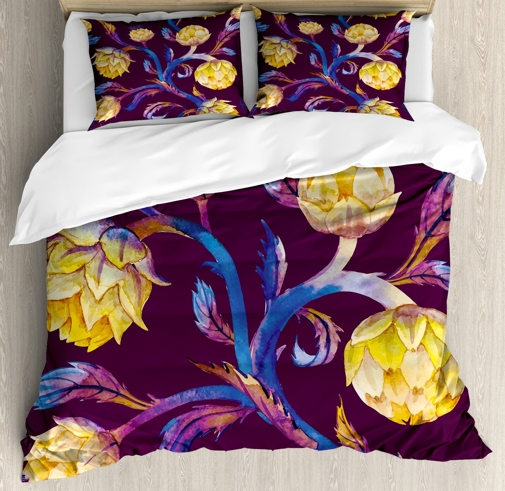 Artichoke Duvet Cover Set, Art Nouveau Style Arrangement with Vibrant Colored Vegetable Vegan