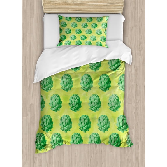 Artichoke Duvet Cover Set, Field of Vegetable Eating Greens Garden Art Repeating Food Concept, Decorative 2 Piece Bedding Set with 1 Pillow Shams, Twin Size, Apple Green Fern Green, by Ambesonne