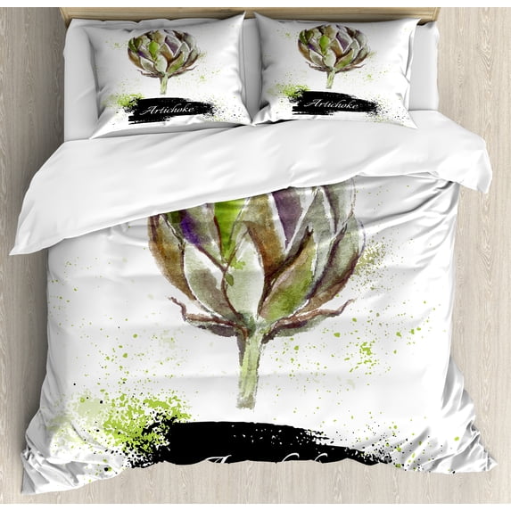 Artichoke Duvet Cover Set, Hand Drawn Delicious Vegetable Pattern Menu Eats Food Art Watercolor, Decorative 3 Piece Bedding Set with 2 Pillow Shams, Queen Size, Fern Green and Black, by Ambesonne