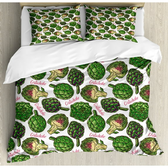 Artichoke Duvet Cover Set, Hand Drawn Super Food with Vibrant Colors Cooking Inspired Art, Decorative 3 Piece Bedding Set with 2 Pillow Shams, King Size, Hunter Green Fern Green, by Ambesonne