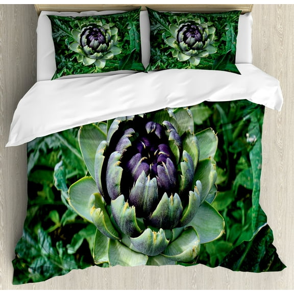 Artichoke Duvet Cover Set, Photograph of Blooming Vegetable Agriculture Nature Art Print, Decorative 3 Piece Bedding Set with 2 Pillow Shams, Queen Size, Fern Green and Purple, by Ambesonne