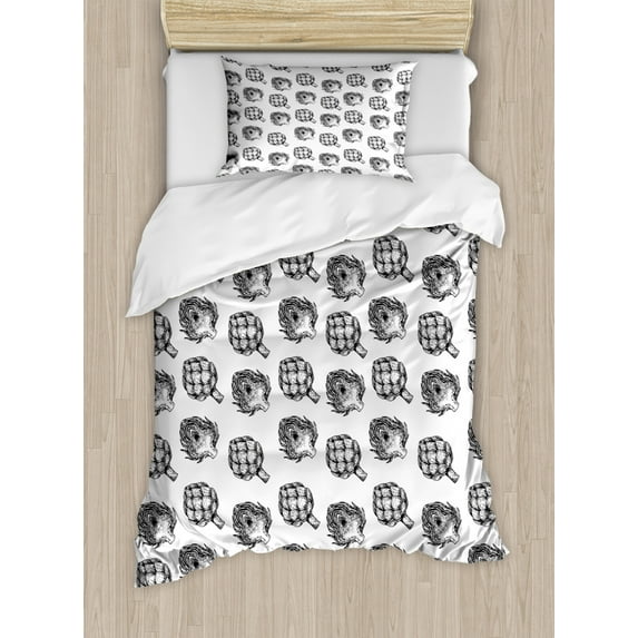 Artichoke Duvet Cover Set Twin Size, Farm Vegetables Food Nutritious and Delicious Vegan Options Black and White, Decorative 2 Piece Bedding Set with 1 Pillow Sham, Black and White, by Ambesonne