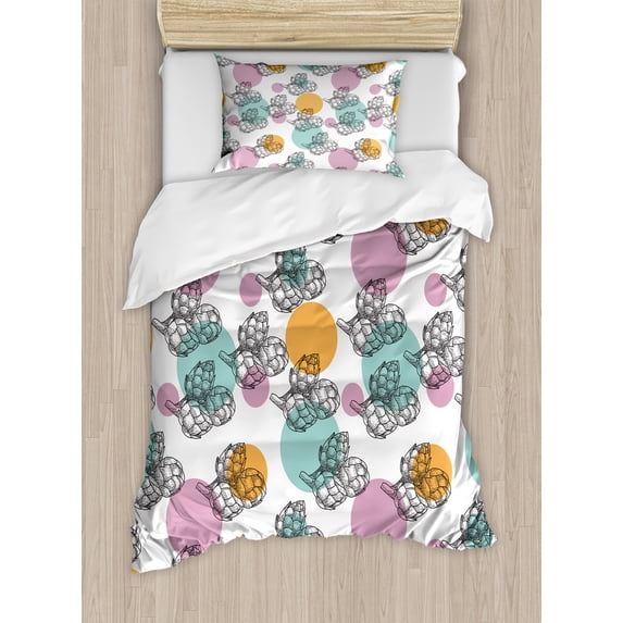 Artichoke Duvet Cover Set, Vintage Inspired Dotted Backdrop with Black and White Artichokes, Decorative 2 Piece Bedding Set with 1 Pillow Shams, Twin Size, Turquoise Apricot, by Ambesonne