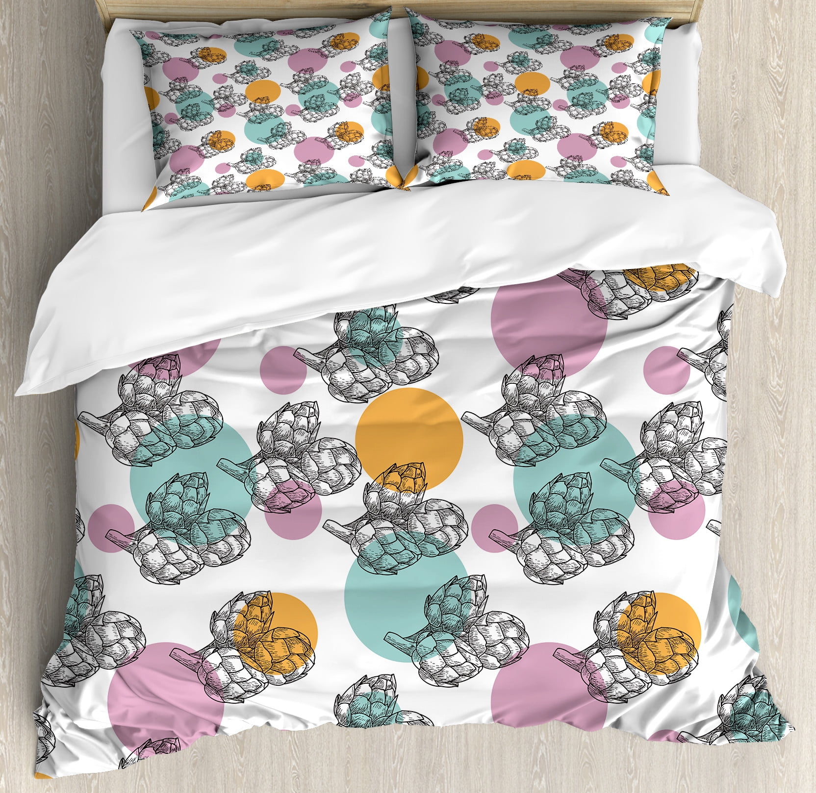 Artichoke Duvet Cover Set, Vintage Inspired Dotted Backdrop with Black ...