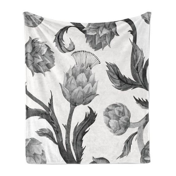 Artichoke Soft Flannel Fleece Blanket, Faded Colored Black and White Super Foods with Stalks and Leaves Art Print, Cozy Plush for Indoor and Outdoor Use, 70" x 90", Black and White, by Ambesonne