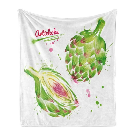Artichoke Soft Flannel Fleece Blanket, Watercolor Illustration of Super Food Vegetables Whole Cut in Half, Cozy Plush for Indoor and Outdoor Use, 50" x 70", Fuchsia and Apple Green, by Ambesonne