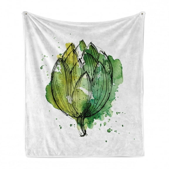 Artichoke Soft Flannel Fleece Throw Blanket, Abstract Style Cardunculus Drawn by Hand Harvest Vivid Color, Cozy Plush for Indoor and Outdoor Use, 50" x 70", Hunter Green Lime Green, by Ambesonne