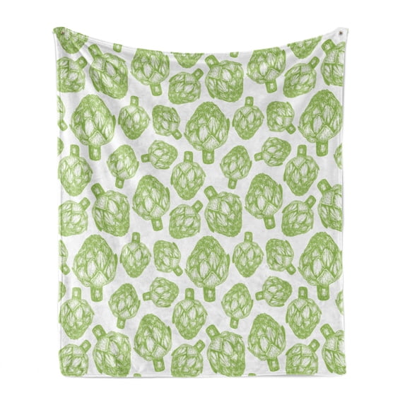 Artichoke Soft Flannel Fleece Throw Blanket, Sketch of Super Food Vegetables in Hand Drawn Style Nutritious Food Artwork, Cozy Plush for Indoor and Outdoor Use, 50" x 70", Apple Green, by Ambesonne