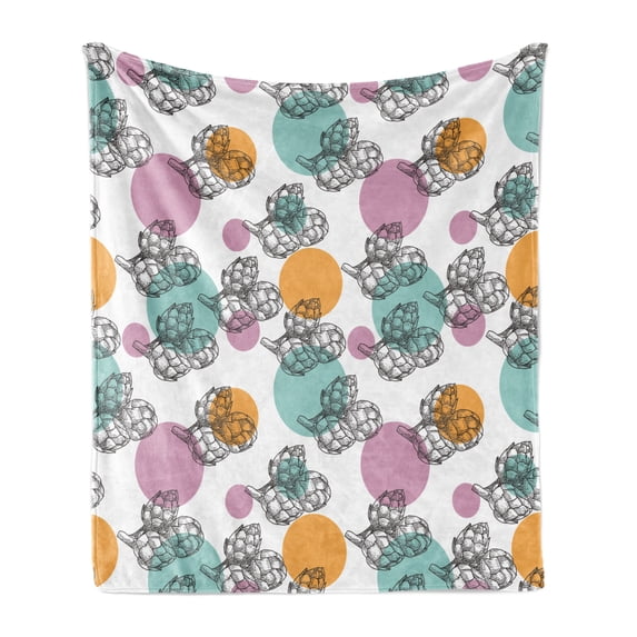 Artichoke Soft Flannel Fleece Throw Blanket, Vintage Inspired Dotted Backdrop with Black and White Artichokes, Cozy Plush for Indoor and Outdoor Use, 50" x 60", Turquoise Apricot, by Ambesonne
