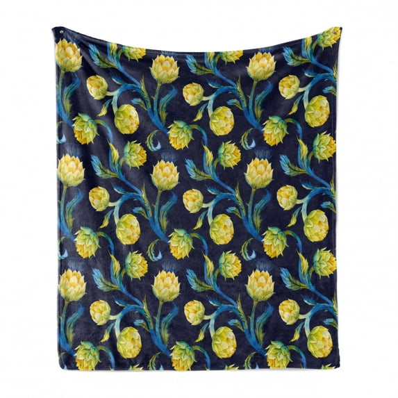 Artichoke Soft Flannel Fleece Throw Blanket, Watercolor Artichokes Abstract Color Scheme Art Nouveau, Cozy Plush for Indoor and Outdoor Use, 50" x 70", Blue Violet Yellow, by Ambesonne